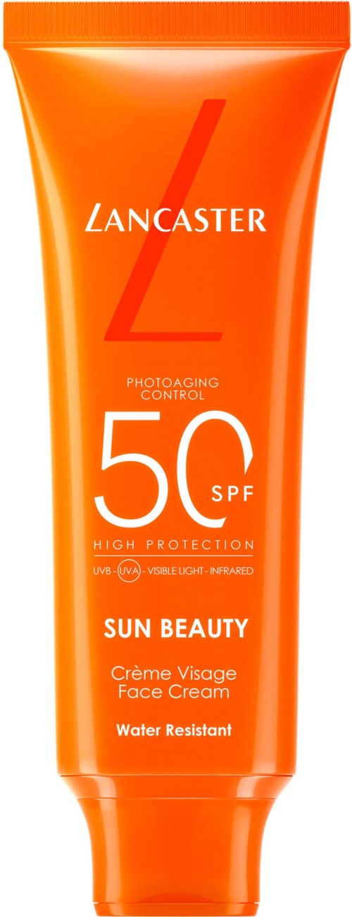 Oranje tube van Lancaster zonnebrandcrème voor gezicht met SPF 50 en waterbestendig.