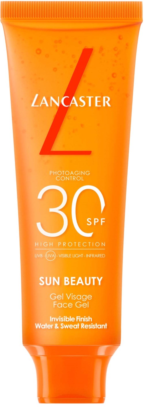 Oransje tube med Lancaster Sun Beauty ansiktsgel med SPF 30, høyt beskyttelse, vanntett og svettbestandig.