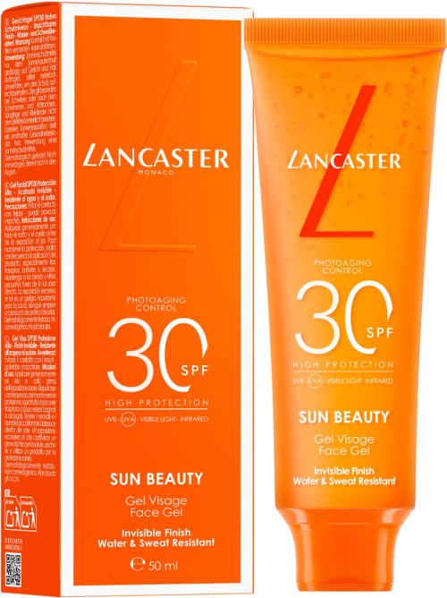 Oransje tube og eske med Lancaster Sun Beauty ansiktsgel med SPF 30, tekst fremhever høy beskyttelse, vannavstøtende, usynlig finish.