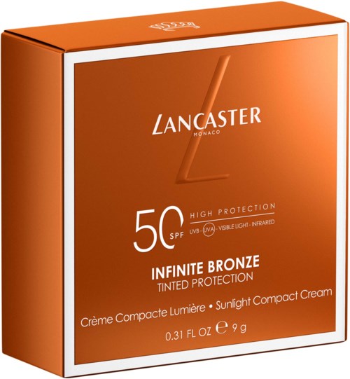 Lancaster solkrem i oransje med SPF 50, høy beskyttelse, og merkeklistre for tonet krem.