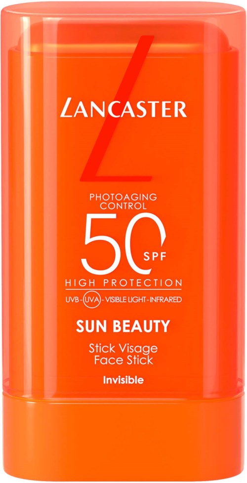 Een heldere oranje zonnebrandpenseel met SPF 50, merk Lancaster, voor gezichtsbescherming en onzichtbaarheid.