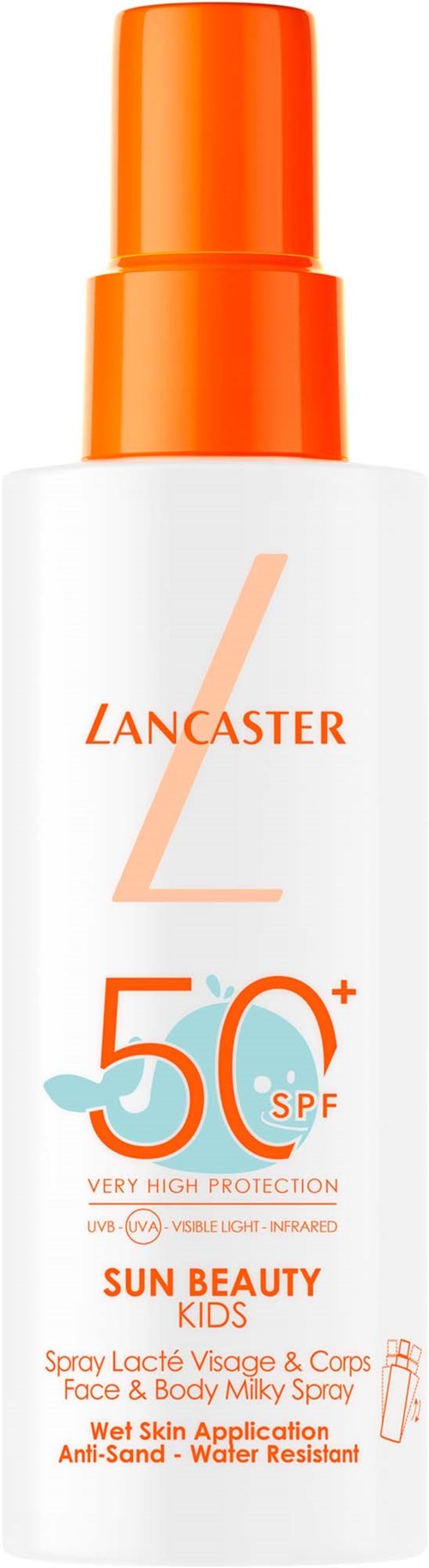 A white sunscreen spray bottle with orange cap, labeled for kids, offers high SPF 50+ protection from the sun.