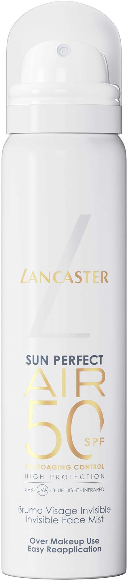 Een witte sprayfles met Lancaster Sun Perfect Air 50 SPF, gebruikt voor zonbescherming en make-up.