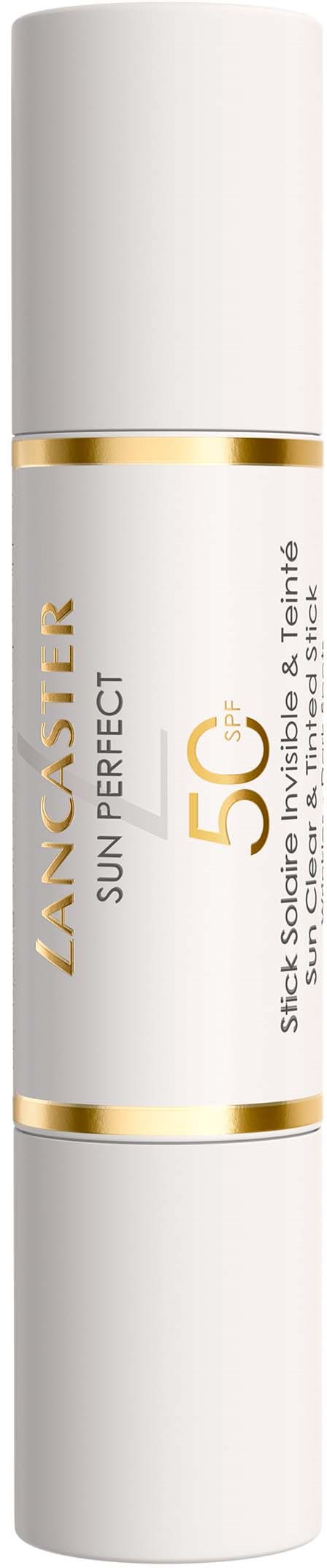 Een witte cilindervormige fles met gouden lijnen, gelabeld Lancaster Sun Perfect, SPF 50, voor zonbescherming.
