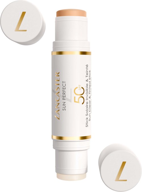 Een witte tube zonnebrandcrème met gouden accenten en 'SPF 50+' label, omgeven door twee ronde containers met 'L'-logo's.