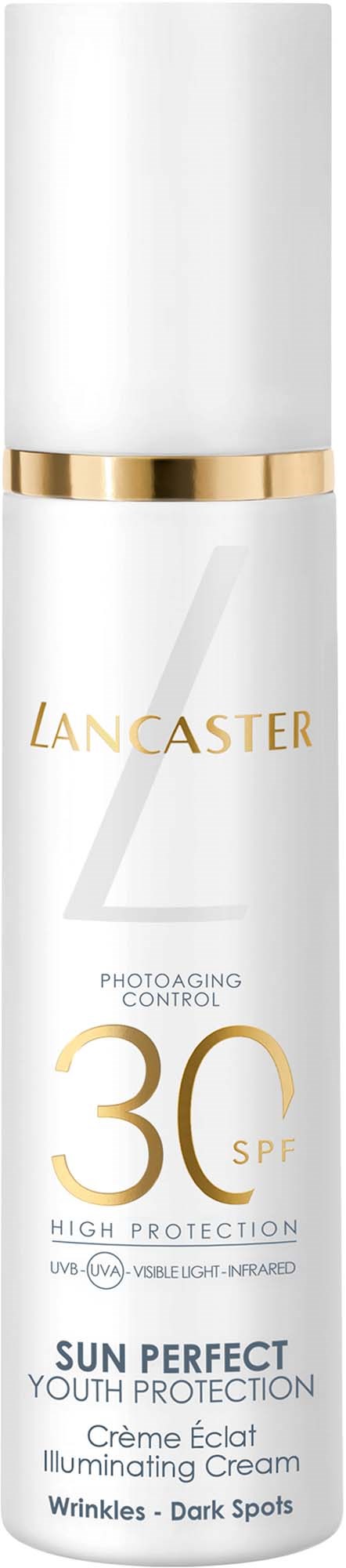 Lancaster zonnebrandfles met SPF 30, wit en goud ontwerp, biedt zonbescherming en egaliseert de huid.