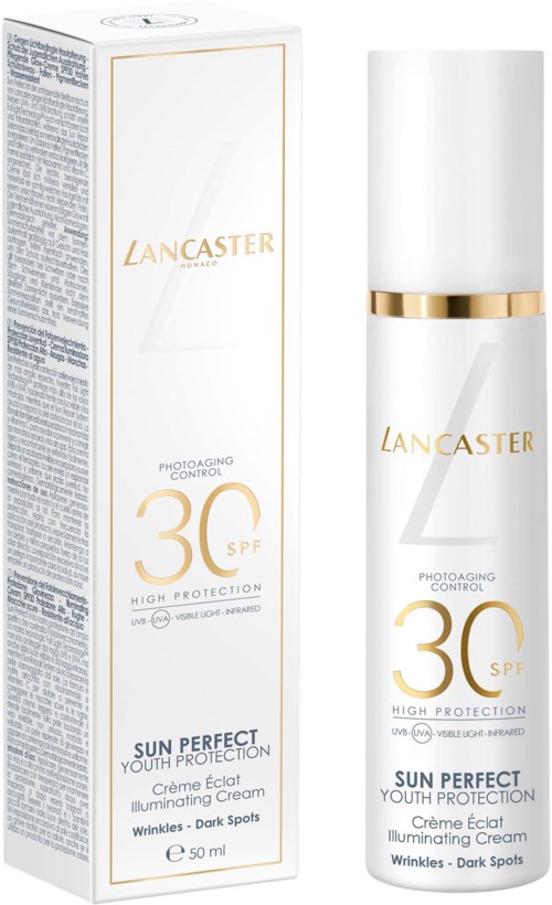 Lancaster Sun Perfect Youth Protection SPF 30 fles en doos, wit met gouden accenten.