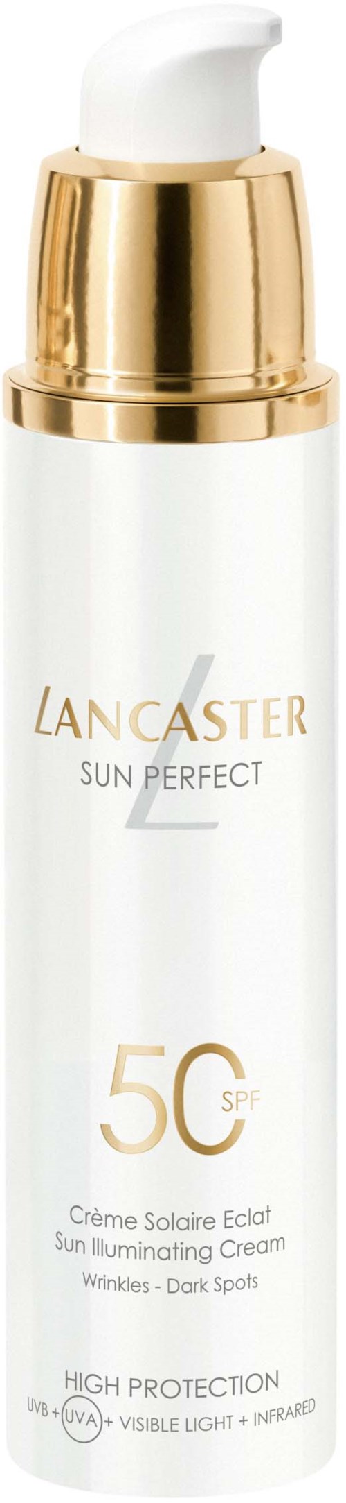 Een witte fles met een gouden deksel en pomp, gemerkt Lancaster Sun Perfect SPF 50 zonnebrandcrème.