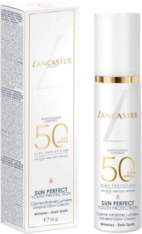 Lancaster Sun Perfect Youth Protection mineralglød krem med SPF 50, hvit pumpeflaske og emballasjeboks.