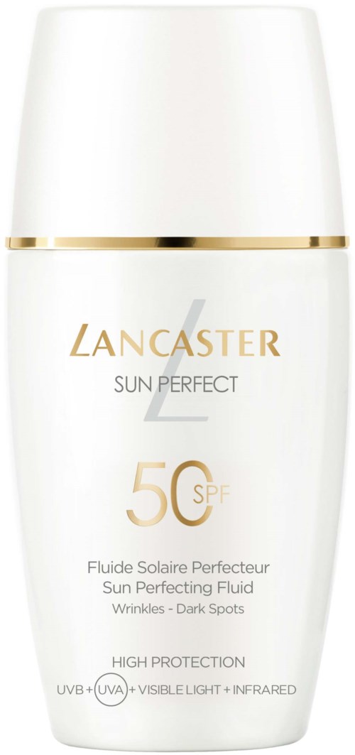 Een wit flesje met goudaccenten, met label Lancaster Sun Perfect SPF 50, voor zonbescherming en huidverzorging.