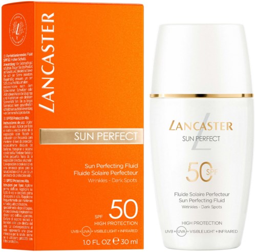 Lancaster Sun Perfect SPF 50 zonnebrandcrème voor rimpels en donkere vlekken, 30 ml fles, oranje verpakking.
