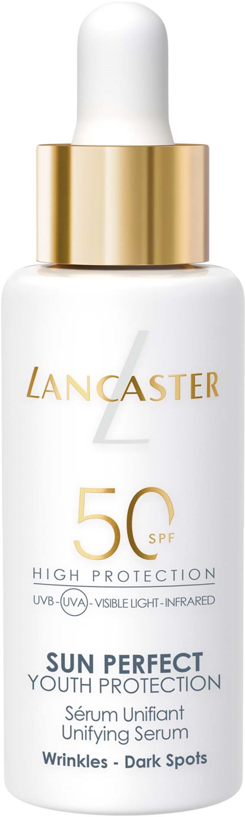 Een witte zonnebrandfles met gouden details, Lancaster, SPF 50, voor hoge bescherming en jeugdverzorging.