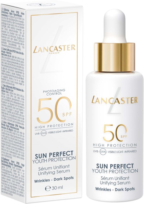 Lancaster Sun Perfect Youth Protection serum met SPF 50, tegen rimpels en donkere vlekken, in een witte en gouden fles.