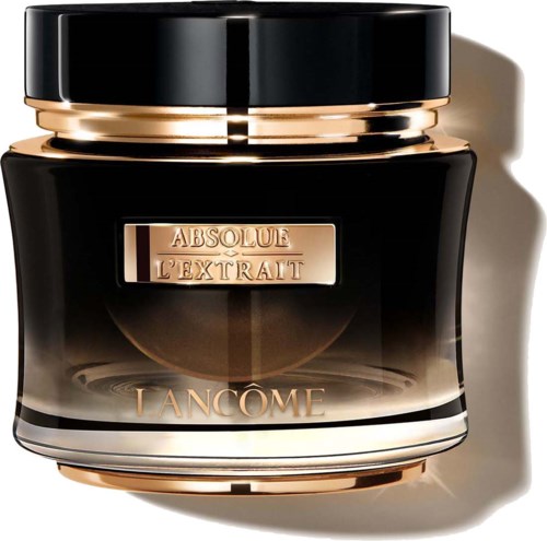 Luxury black jar with gold accents, labeled 'Absolue L'Extrait' by Lancôme, appears to be a skincare product.
