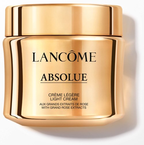 En guldfärgad burk med Lanc b4ore Absolute Light Cream med rosextrakt. Elegant och glänsande design.