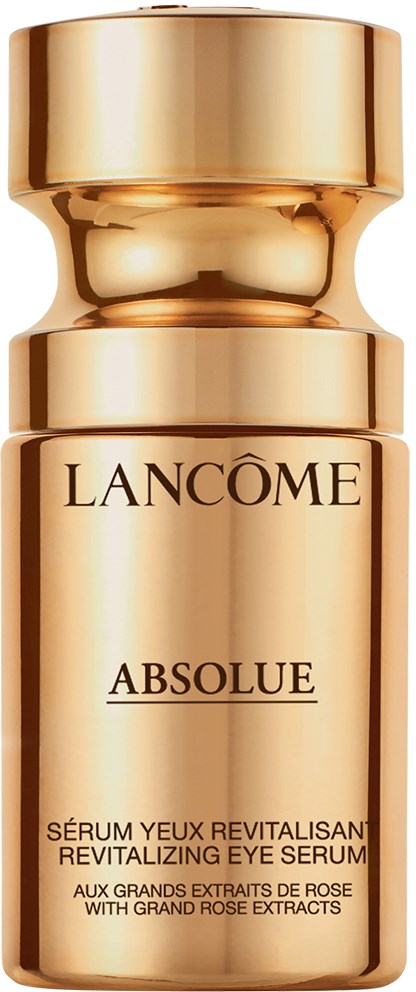 Een gouden fles met zwarte tekst voor Lancôme Absolue revitaliserende oogserum met rozenextracten.