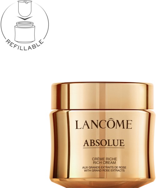 Een gouden pot Lancôme Absolue rijke crème met een navul symbool linksboven.