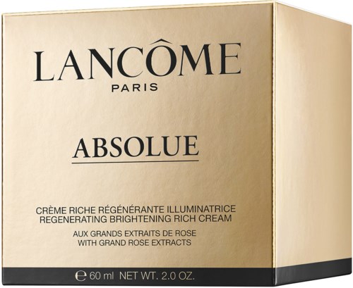 Gouden doos met zwarte tekst, toont een huidverzorgingsproduct van Lancôme genaamd Absolue, met roosextract details.