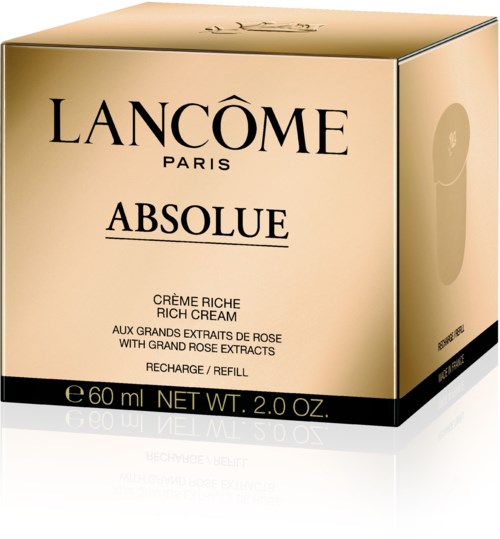 En guldig och svart låda med Lancôme-märke, nämner rik kräm, rotextrakt och 60 ml storlek. Refiller finns.