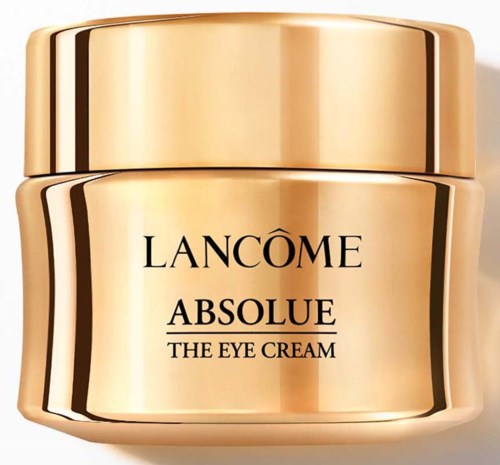 Een goudkleurige pot Lancôme Absolue oogcrème met zwarte tekst.