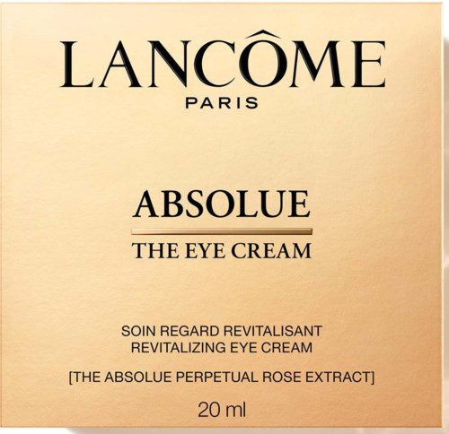 De afbeelding toont een beige doos met zwarte tekst die Lancôme Absolute oogcrème met rozenextract reclameert, 20 ml.