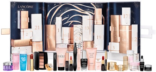 Ett skönhetsadventskalender med olika hudvårds- och makeupprodukter bakom numrerade dörrar.