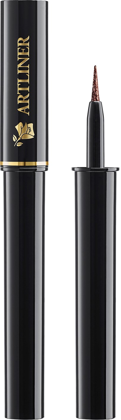 En svart flytande eyelinerpensel med guldlogga och text, ena änden med en fin borstad applicator.