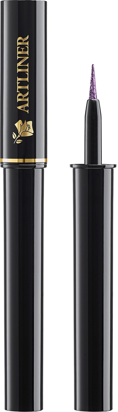 En svart penna med en lila glittrig spets, märkt 'Artliner'.