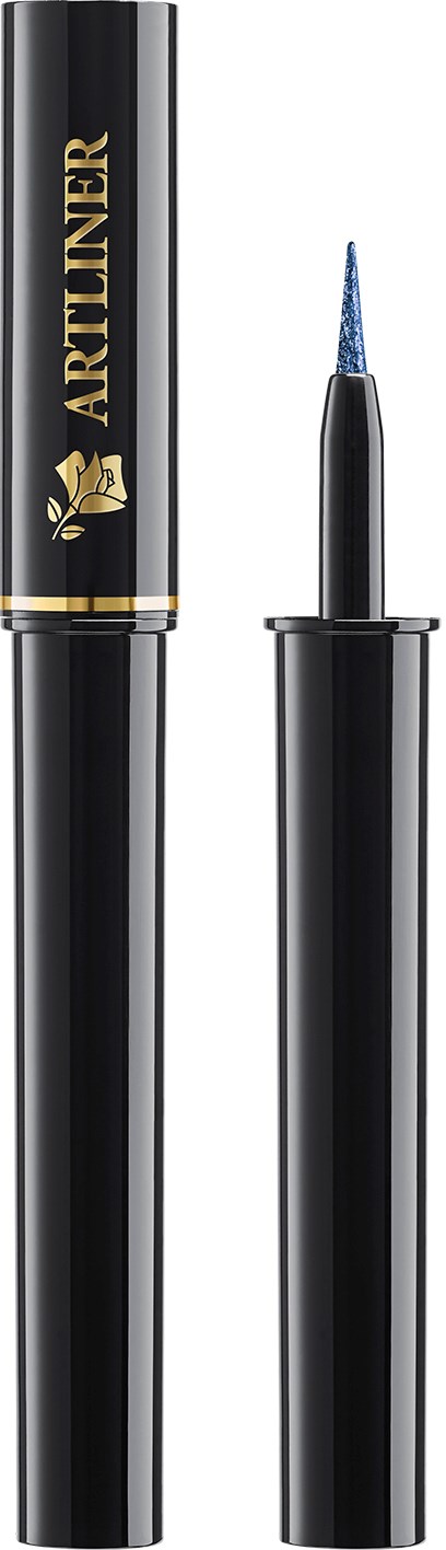 Ein schwarzer flüssiger Eyeliner mit einem blauen Glitzerstift und goldener Markenbeschriftung 'ARTLINE' auf dem Deckel.