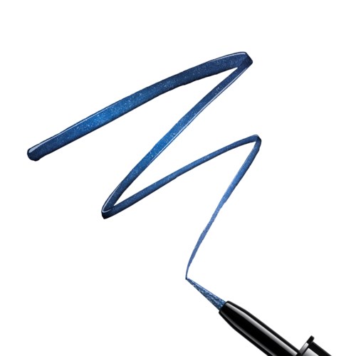 Ein blauer Eyelinerstift zieht eine geschwungene Linie auf weißem Hintergrund.