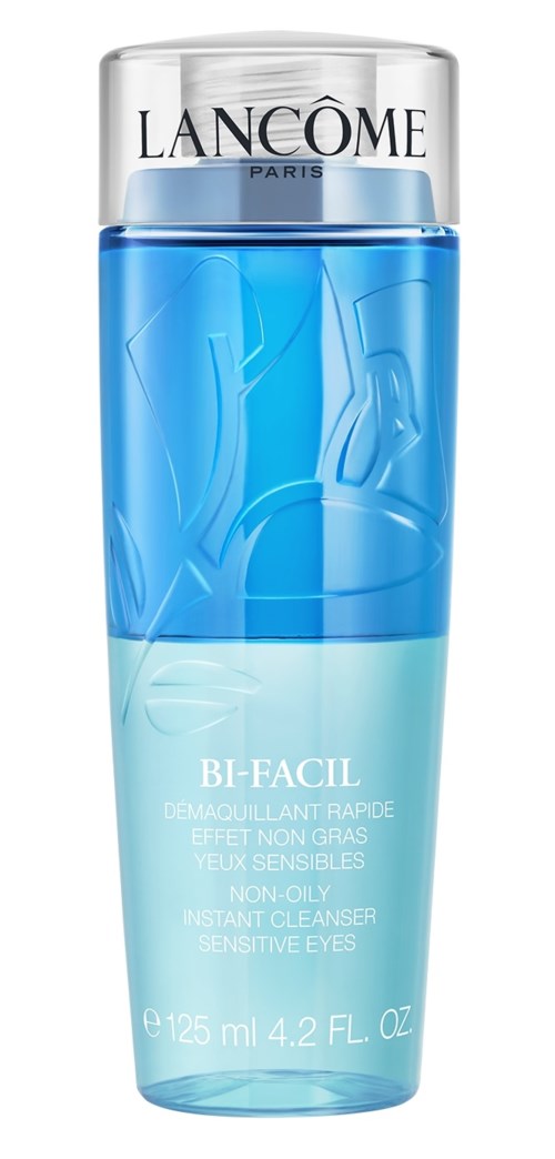 A blue and clear bottle of Lanc2ne Bi-Facil eye makeup remover with product info on the front.
