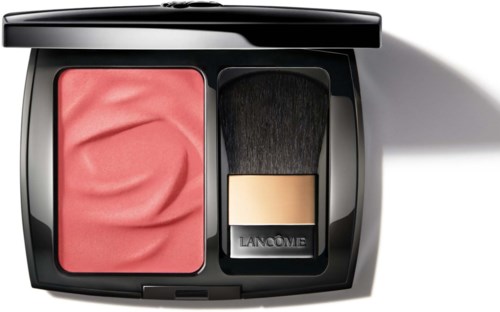A compact makeup case with pink blush and a brush, branded as Lanc f4me, with a sleek black lid.