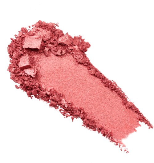 Roze blush poeder met een verspreide en geperste uitstraling.