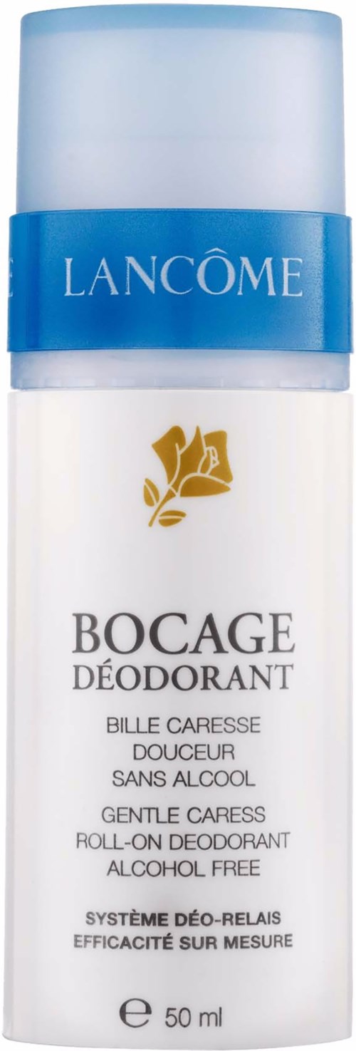 Een witte fles met blauwe dop en etiket, met goudbladontwerp en tekst voor Lanc4ne Bocage deodorant.