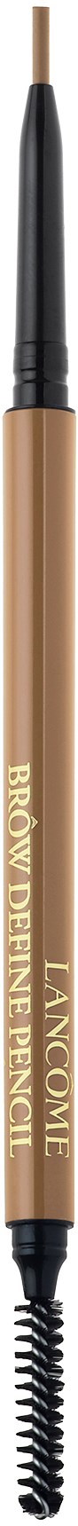 En sminkbørste med beige håndtak og svart tupp, merket 'Lancôme Brow Define' for øyenbryn. Fin buet børste.
