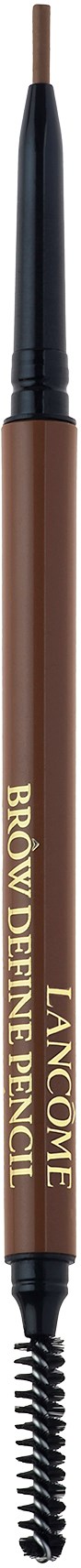 En brun øyenbrynspenn med en svart børste på toppen, merket 'LANCÔME BROW PERFECTION PENCIL'.