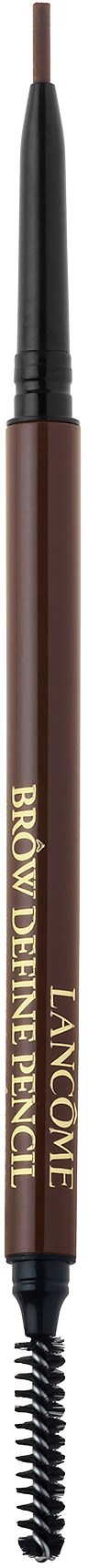En brun øyenbrynspenn med en spoolie-børste på den ene enden, merket 'LANCÔME BROW DEFINER PENCIL'.