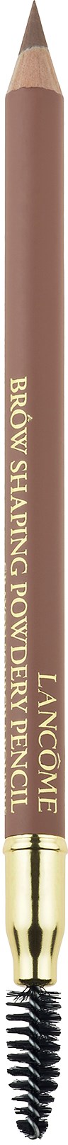 Een bruine wenkbrauwpotlood met een spiralisatieborstel aan het uiteinde, gemerkt 'LANCOME' en 'BROW SHADING POWDER PENCIL'.