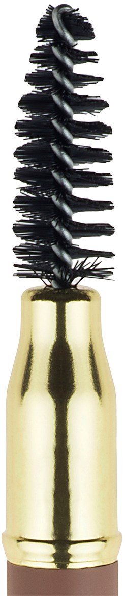 Een mascara-applicator met gouden handvat en zwarte borstels, gebruikt voor oogmake-up.