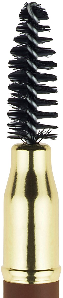 Eine Mascara-Bürste mit schwarzen Borsten und goldenem Griff.