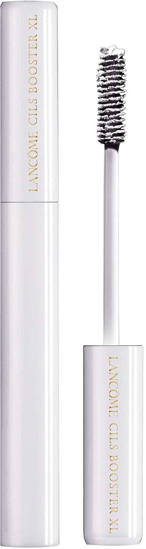 A white mascara tube with a brush applicator, labeled Lancôme Clis Booster XL in gold.