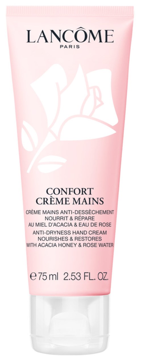 Rosa Handcremetube mit Rosenwasser und Akazienhonig, auf Französisch und Englisch, von Lancôme.