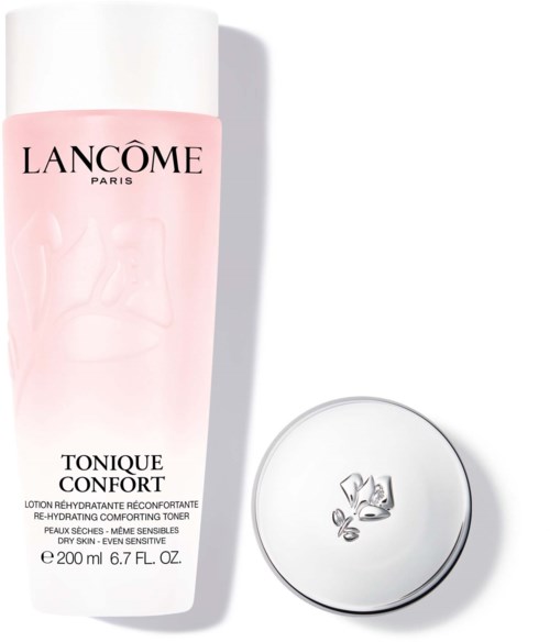 Pinkki Lancôme Kasvovesipullo, jossa valkoinen korkki ja valkoinen pyöreä kansi vieressään.