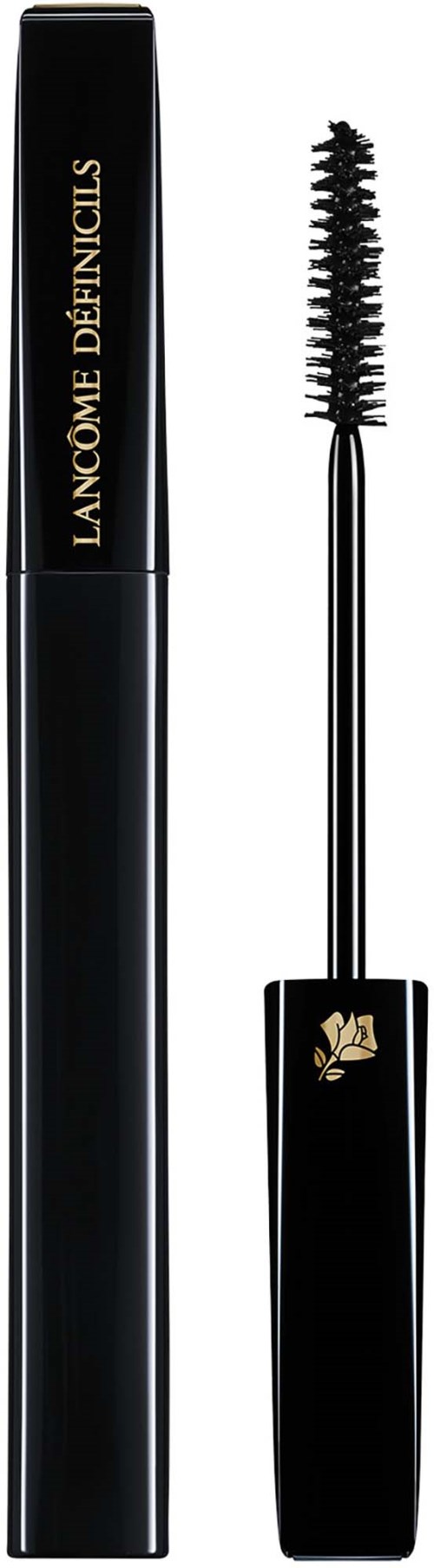 Een zwarte mascara-flacon met een goudlogo en een borsteltje met spikes, bedoeld voor oogmake-up.