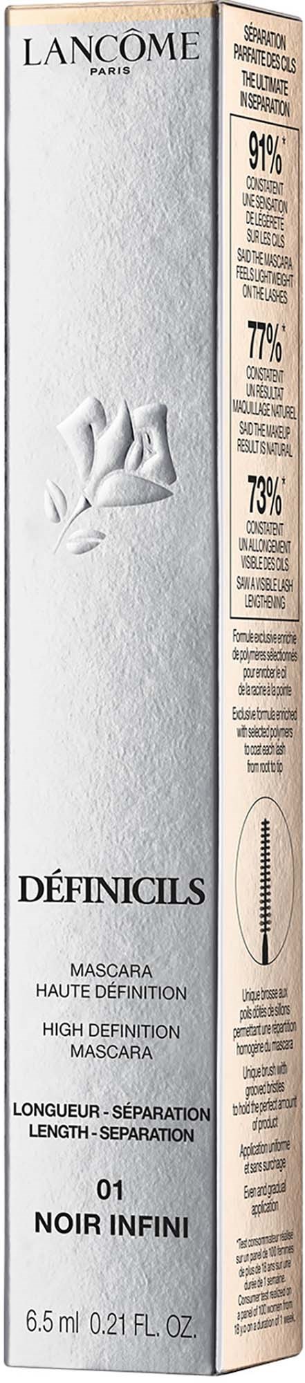 Een lange, smalle doos met huidverzorgingsmerk en tekst, die een Lancôme high definition mascara genaamd Noir Infini aangeeft.