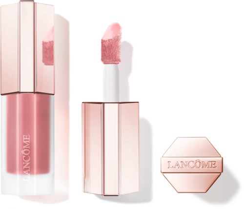 En rosa leppestiftbeholder, ett leppestift med avtakbar lokk, og en rund leppestiftboks med Lancôme-logo.