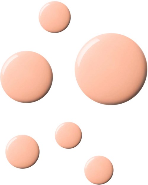 Seven peach-colored, shiny, round objects of different sizes on a white background.