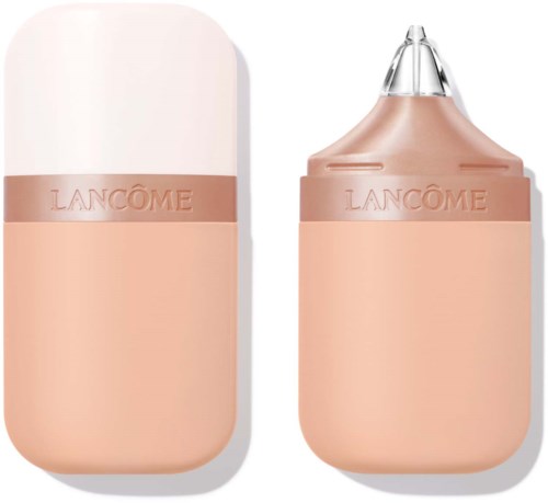 A beige lipstick container with the brand name 'Lancôme' and a transparent cap, next to a detached lipstick tip.