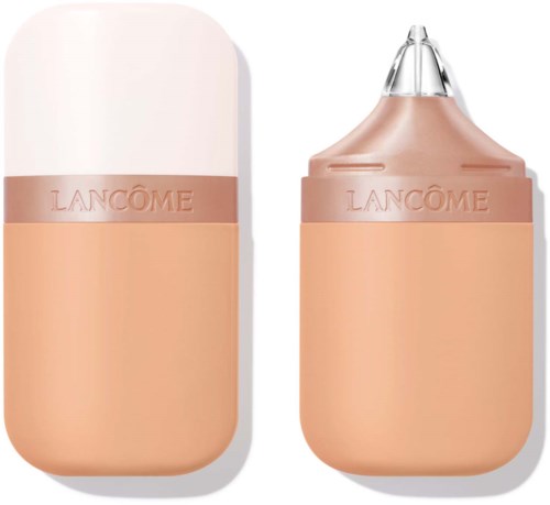 Lancome-product in de vorm van een lippenstift met een doorzichtige punt, in perzik- en roze tinten.