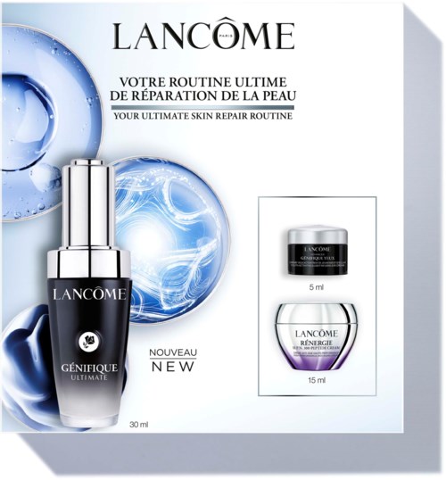 Lancôme huidverzorgingsproducten voor huidherstel, inclusief een fles van 30ml en kleine potjes van 5ml en 15ml.